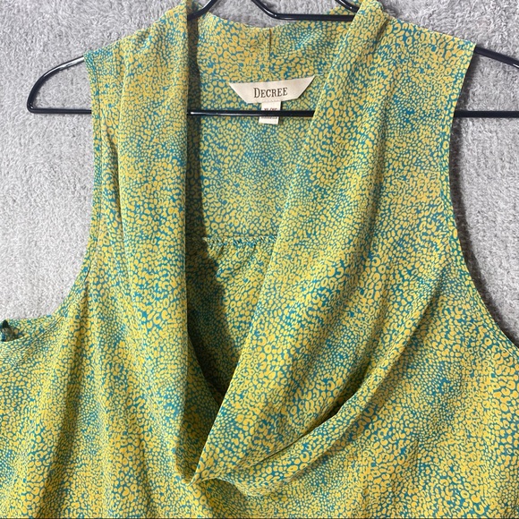 DECREE Blouse Women XL Sheer Cowl Neck Chiffon Blue Yellow Print Flowy Top Shirt - Picture 7 of 12